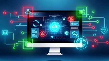 Computer screen displaying a complex digital interface with network connections and data - Powered by Adobe