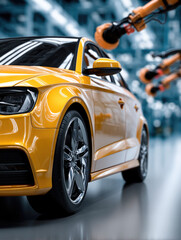 Naklejka premium Yellow car robot arm automotive industry modern factory technology assembly line innovation manufacturing shiny surface efficiency