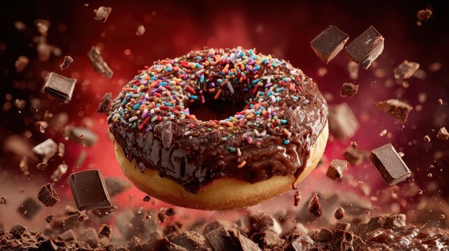 Chocolate frosted donut with sprinkles, and chocolate pieces in motion. Use for marketing delicious bakery treats and confectionary shop promotions.
