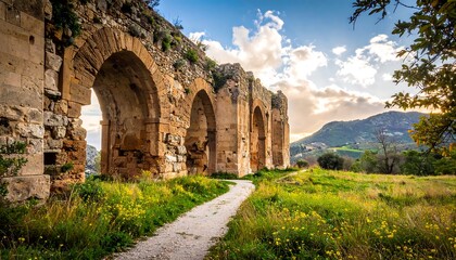 An old stone aqueduct arching over a grassy path, leading toward a distant mountain range. Soft sunlight bathes the ruins