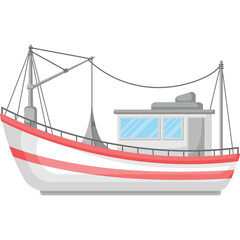 Fishing Boat With Red Stripes And White Cabin On A Transparent Background Fishing Vessel For Sea Transportation And Commercial Fishing Illustration