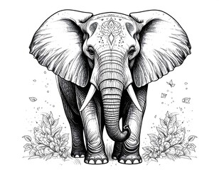 Black and white illustration. An elephant, detailed with symmetrical shading, standing in front, looking at the viewer. Surrounded by leaves