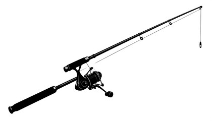 Black and white illustration of a fishing rod, reel, and line against a plain white backdrop. Detailed depiction