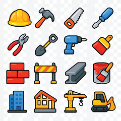 Construction tools and equipment icons for building and repair.