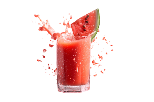Watermelon juice splashing from a glass with a slice of watermelon isolated on transparent background