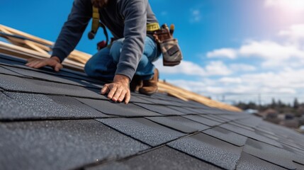 Roofer Installing Asphalt Shingles on Residential Roof &mdash; Sunny Day