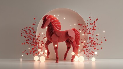 Red 3D Horse with Glowing Spheres and Particles for 2026 Year of the Fire Horse Design