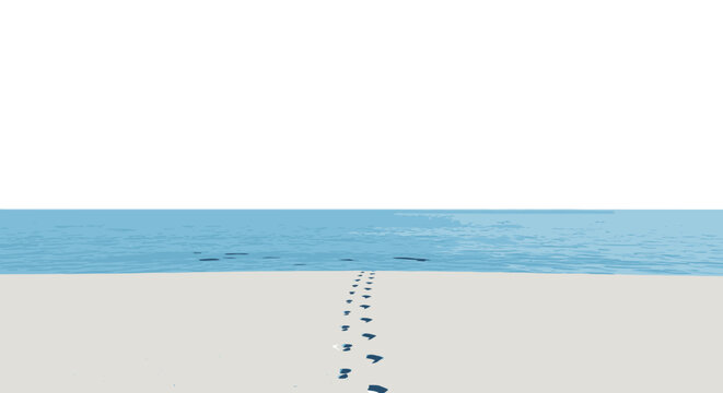 Footprints on sand beach leading towards horizon ocean blue water