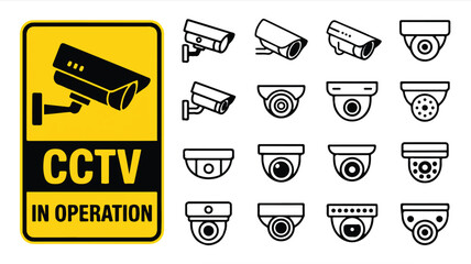 A collection of 15 black and white security camera icons arranged in a grid format, with a yellow and black CCTV IN OPERATION warning sign on the left side. 