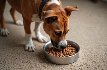 Brown and white dog eating food from metal bowl. Canine pet enjoys delicious meal. Dog nutrition, care and feeding. Happy pitbull breed eats kibble at home from bowl.