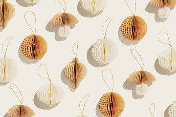 Stylish Paper Christmas Ornaments, hanging ivory beige New Year decorations as mushrooms, balls, flashlights, sunlight shadow, minimal aesthetic holiday flat lay, festive top view patterns background
