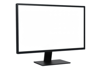Black computer monitor PNG isolated on transparent background, modern display screen for office and home use, technology device