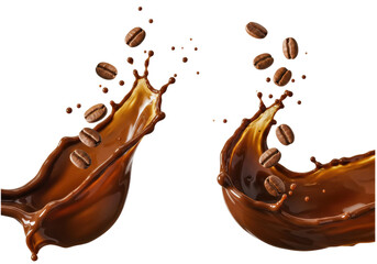 Coffee beans splashing in liquid isolated on transparent PNG, aromatic roasted seeds with brown beverage for cafe and product design