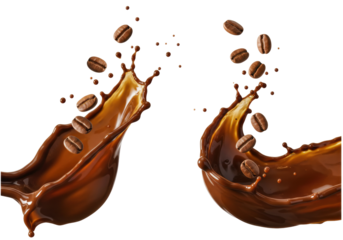Coffee beans splashing in liquid isolated on transparent PNG, aromatic roasted seeds with brown beverage for cafe and product design
