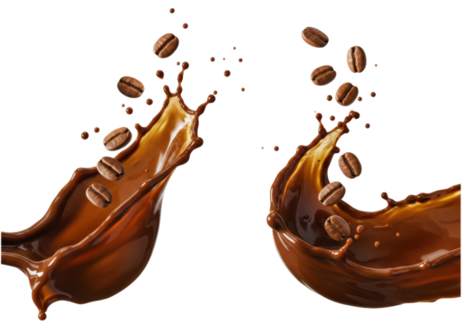Coffee beans splashing in liquid isolated on transparent PNG, aromatic roasted seeds with brown beverage for cafe and product design