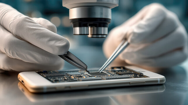 Smartphone motherboard under microscope, technician with gloves using tweezers, electronic repair, technology focus