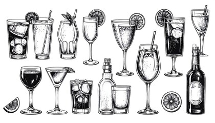 Black and white illustration of various cocktail glasses, full and empty, next to a bottle and a slice of orange