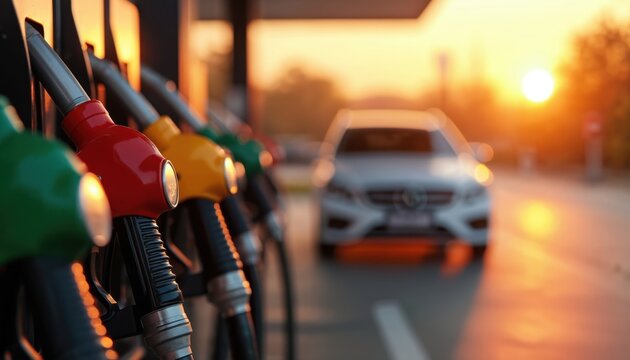 Fuel pumps line up at sunset near car. Gas station shows petrol prices at night. Automotive industry energy sector in city. Concept for fuel and energy business showing transportation.