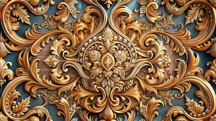 European Western Baroque Flourish Pattern in Gold and Teal &ndash; ornate rococo acanthus scrollwork, luxury decorative seamless background, vintage ornamental design illustration