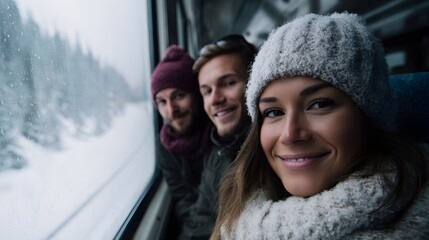 Three friends smiling on a winter train journey through a snowy landscape