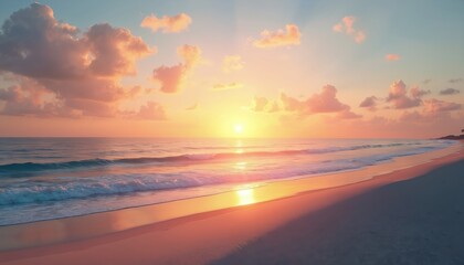 Fototapeta premium Sun sets over calm ocean horizon with colorful pink clouds. Gentle sea waves wash sandy beach. Tranquil seaside landscape with beautiful golden light reflects on water. Serene, peaceful summer