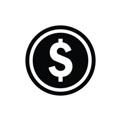 Minimalist black and white coin icon featuring a dollar symbol in the center. Simple financial design suitable for banking, business, economy, and digital payment concepts.