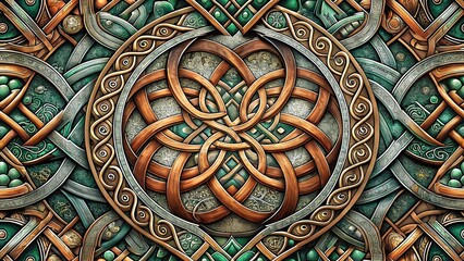 Obraz premium European Western Celtic Knotwork Pattern in Bronze and Teal - Intricate Interlaced Medieval Insular Ornament, Irish Scottish Norse Heritage Decorative Background Illustration