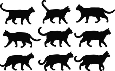 Set of 9 walking cat silhouettes, black vector illustration, feline movement icons, tail and leg posture for design use