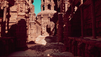 Naklejka premium A traveler wanders through a majestic stone city, surrounded by towering structures. Sunlight casts shadows on the ground, highlighting the intricate carvings of ancient architecture.
