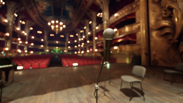 A microphone stands in the spotlight on an elegant stage filled with colorful lights. Rows of red seats await the audience in a beautifully designed theater, suggesting a night of performance.