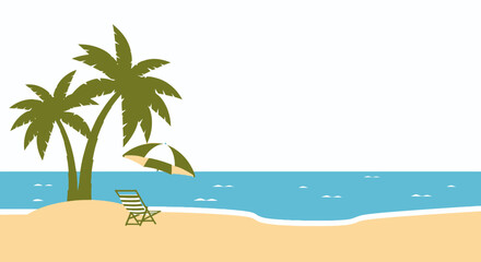 Obraz premium Tropical Beach with Palm Trees Chair and Umbrella Icon Vector Illustration