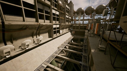 This scene showcases a modern industrial area filled with advanced machinery and intricate structures. The setting highlights the blend of technology and raw design elements under a cloudy sky.