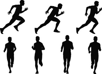 Seven running pose silhouettes, athlete motion vector, black sports figure design, sprint and jog sequence, isolated action illustration art