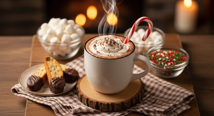 Hot chocolate with whipped cream and candy cane surrounded by holiday treats
