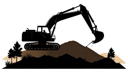 Black excavator silhouette digs into a brown pile of earth near sparse trees, against light brown ground backdrop