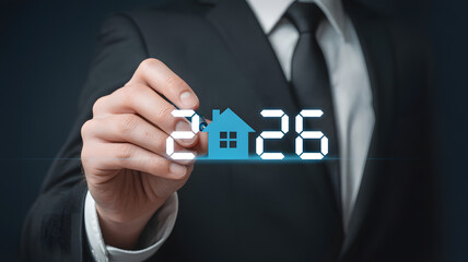 Real estate professional forecasting 2026 housing market trends with futuristic digital interface, envisioning future homeownership success