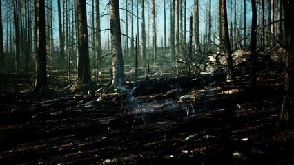 Charred trees stand tall in a post fire landscape, with faint wisps of smoke rising. Sunlight filters through the remaining branches, hinting at renewal and hope in this recovering forest.