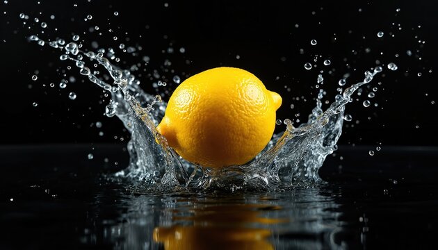 Yellow lemon splashing into clear water isolated on black. Fresh citrus fruit dropping making waves. Healthy eating, diet, refreshment, cooking food ingredients concept. Great image for lemonade ads.