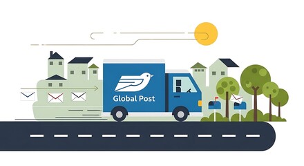 Global Post Delivery Truck on Road with Houses and Trees.