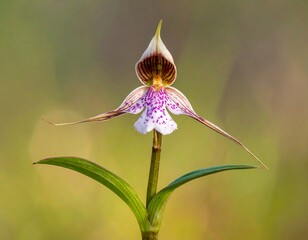 An exquisite, unique bloom showcasing delicate petals and vibrant colors, with a central column and slender green leaves