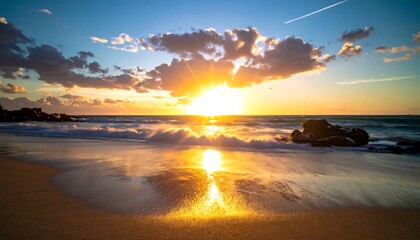 Beachfront scene at sunset. Golden sunlight reflects onto the wet sand. Dark rocks and sea waves frame the colorful sky. Dramatic clouds