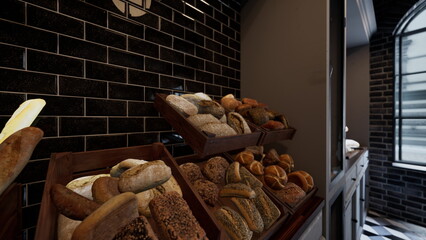 A variety of fresh bread rolls and loaves are beautifully arranged in wooden displays within a stylish bakery. The warm lighting creates a welcoming ambiance for customers.