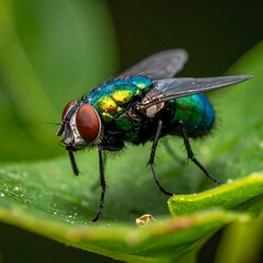 Close-up of a housefly with iridescent body resting on a leaf