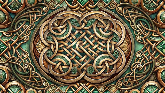 European & Western Celtic Knotwork Pattern: Intricate Gold & Emerald Green Metallic Art, Ancient Ornate Irish Design Background