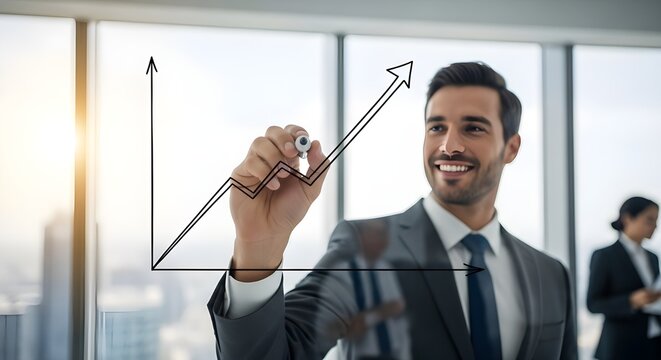 Smiling businessman drawing an upward trend line on glass illustrating growth and success with a city view in the background