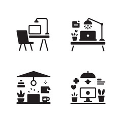 Work from Home Setup Solid Icons Set for Creative Office