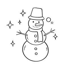 Smiling snowman with hat, scarf, and sparkles in festive black and white winter line art style

