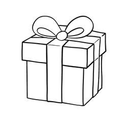 Square gift box with ribbon and bow in simple black and white hand-drawn line art style
