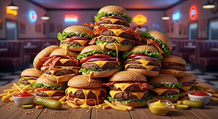 A large pile of hamburgers stacked high alongside golden with cheese and other