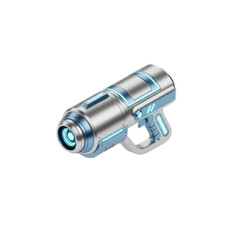 Realistic 3D render of a futuristic sci-fi laser gun. This metallic silver and blue plasma blaster pistol features glowing details and is isolated on a white background for easy use